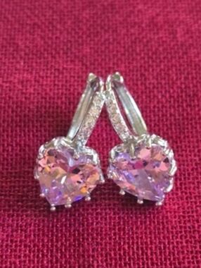 Pink Heart Crystal Sliver Plated Hoop Earrings NWOT